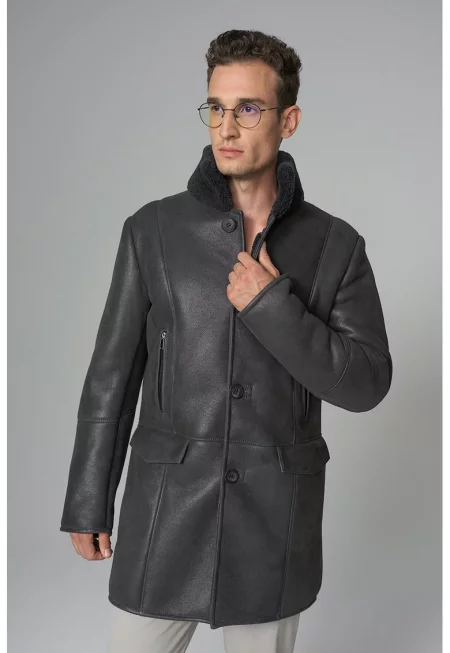 Кожено палто с подплата от мерино - Антрацитно сиво