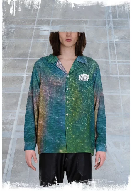 Леко уголемена риза с принт на вълни - Зелен