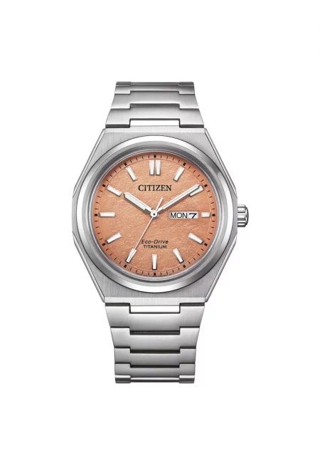 Мъжки часовник  Super Titanium AW0130-85ZE - титаниева верижка - кръгъл корпус - сребрист цвят - оранжев циферблат - водоустойчив 100м