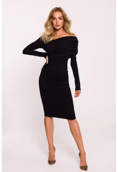 Миди рокля с асиметрично деколте - - Черен