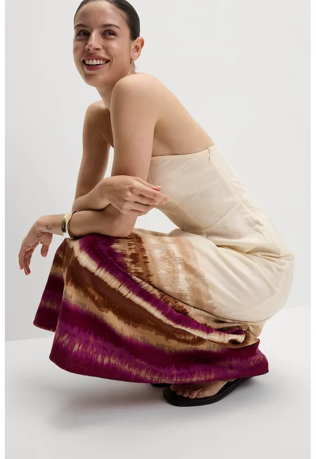 Миди рокля с десен - Слонова кост/Тъмновиолетов