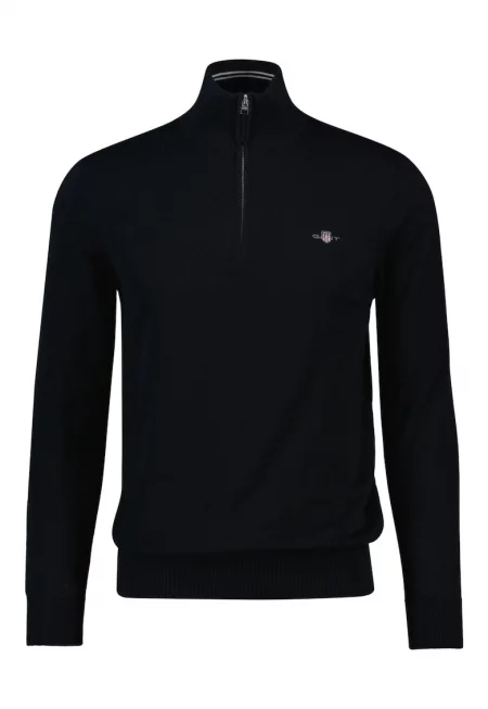 Памучен пуловер с къс цип - Черен