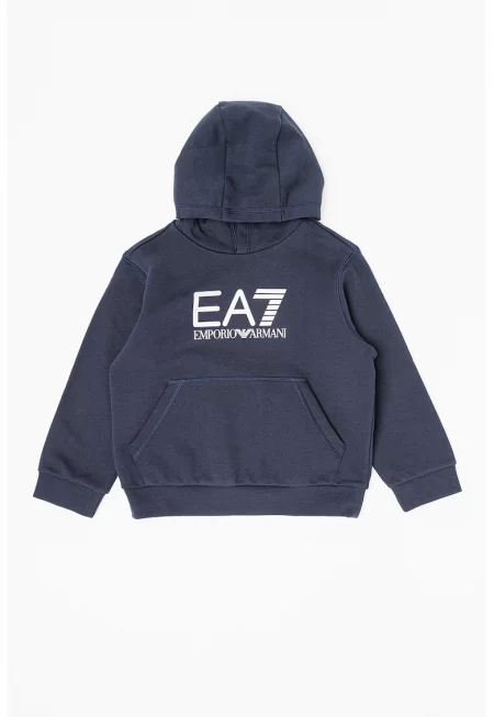 Памучно худи с лого и джоб кенгуру - Тъмносин