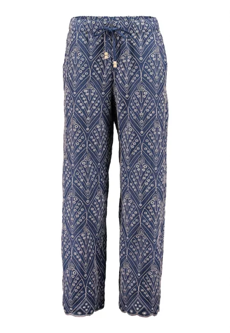 Панталон с принт и връзка - Прашно синьо/Светло бежово