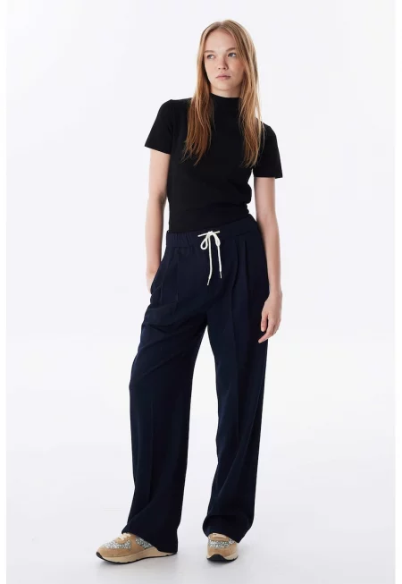 Панталон с широк крачол и регулируема талия - Черен