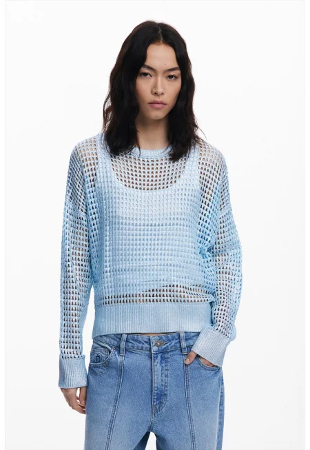 Плетен пуловер с овално деколте - Светлосин