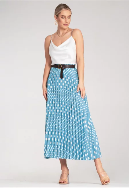 Плисирана пола  синя - на точки - висока талия - полиестер - SM
