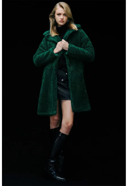 Плюшено палто с джобове встрани - Аква зелено