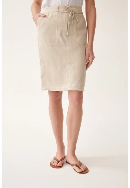 Пола от лен с висока талия - Бежов