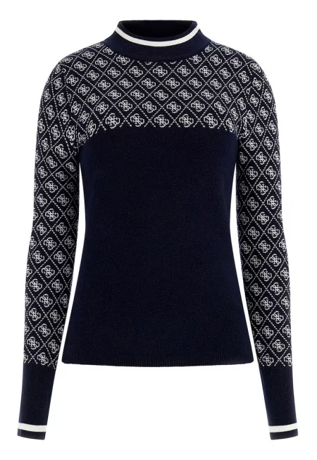 Пуловер с ниска яка и десенирани кантове - Тъмносин -