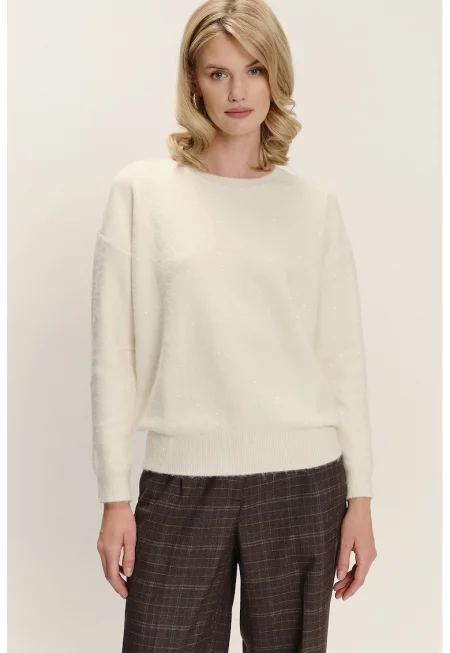 Пуловер с овално деколте - Мръснобял