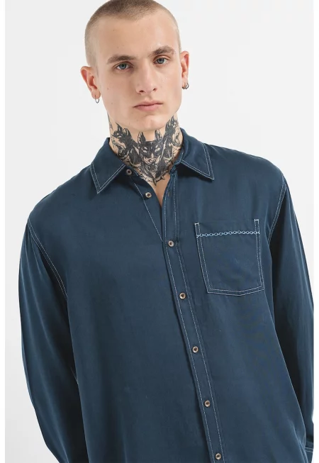 Риза от лиосел с джоб - Мръснобял/Тъмносин