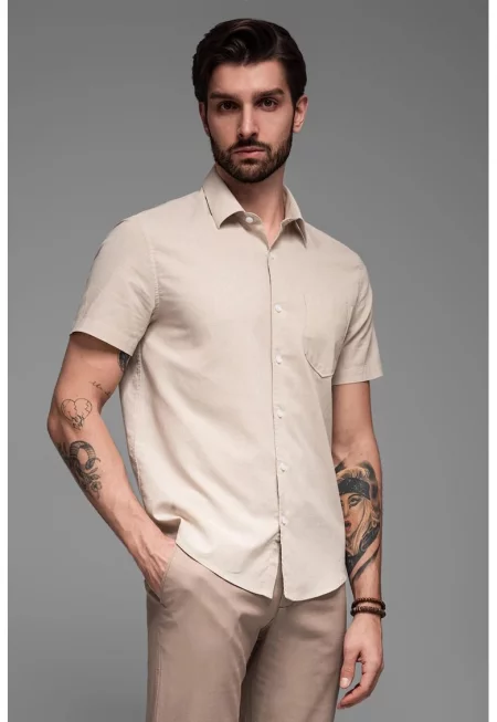 Риза от памук и лен с къси ръкави - Бежов