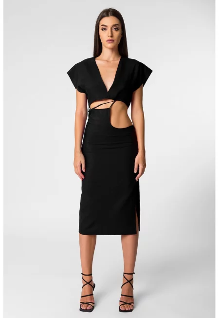 Рокля Rubi с лен с отвори - Черен