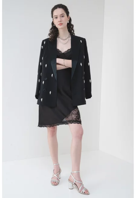 Сатинирана рокля с дантела - Черен