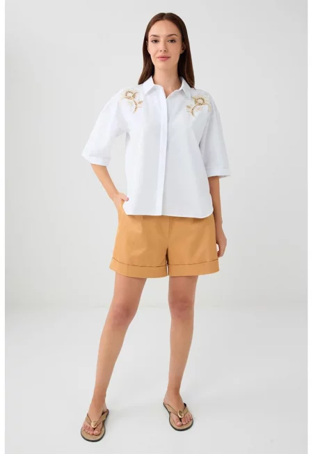 Шорти с модал с висока талия - Камел