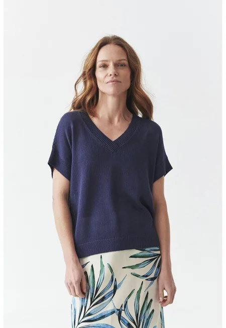 Шпиц пуловер с лиосел и лен с къси ръкави - Ултрамарин синьо