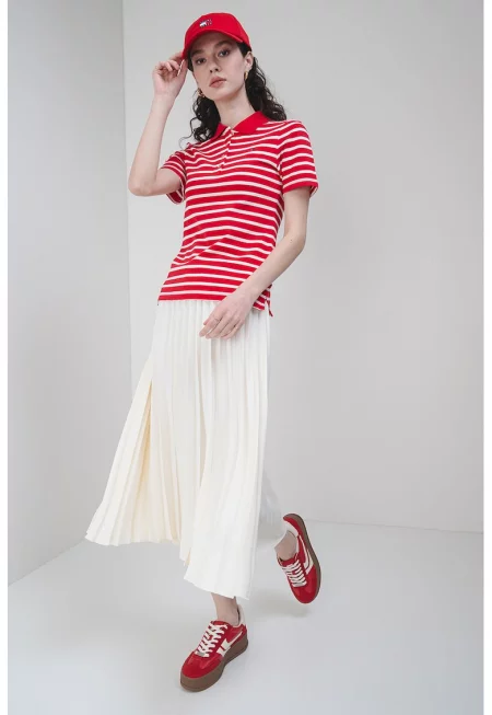 Слим тениска с яка и лого - Червен/Бял