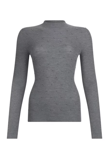 Слим вълнен пуловер с мъниста - Сив