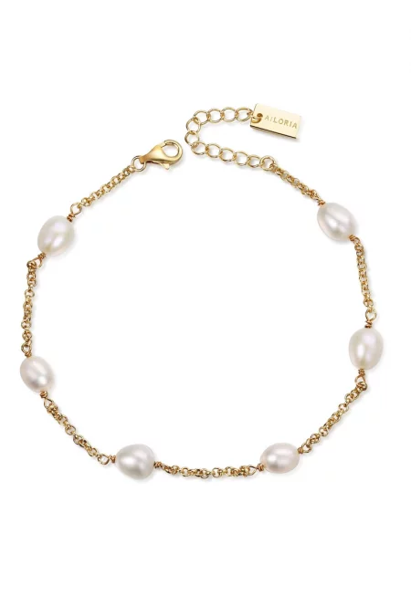 - Сребърна гривна с 18K златно покритие и перли - Бял