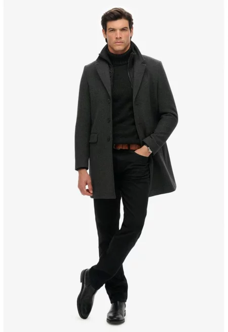 SUPERDRY - Слим палто с вълна с дизайн 2в1 - Антрацитно сиво