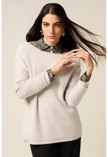 Свободен пуловер с деколте тип лодка - Светло сив