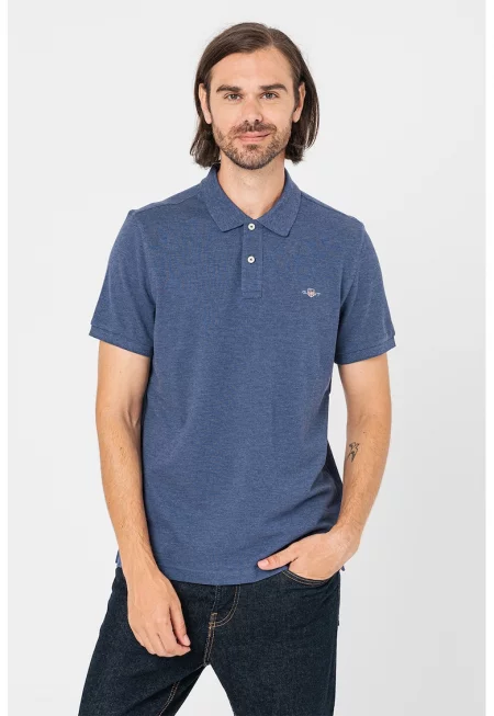 Тениска от памучно пике с яка - Син меланж