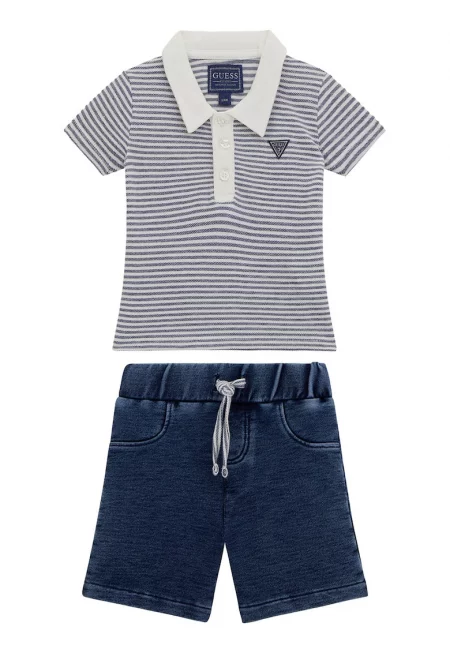 Тениска с яка и панталон - 2 части - Бял/Син