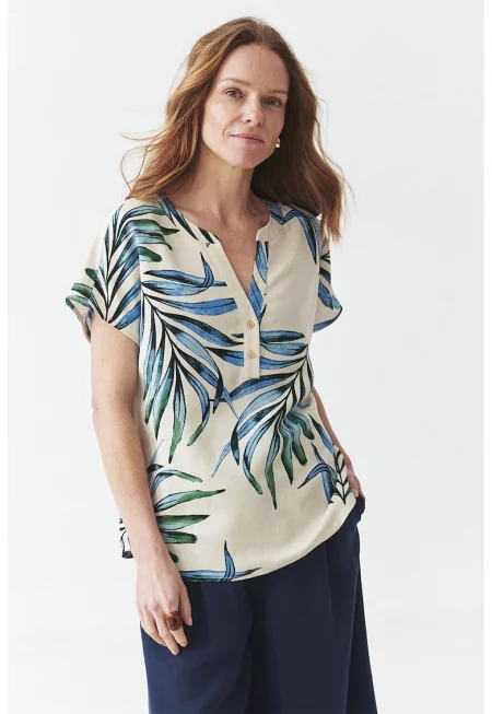 Туника с лен с къси ръкави - Тъмносин/Бежов