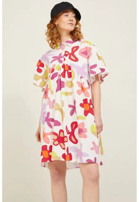 Уголемена рокля с флорален десен - Фуксия/Лилав/Бял