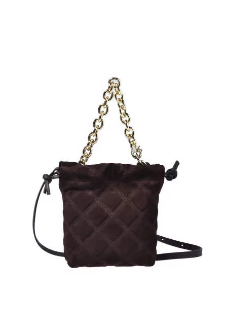 Велурена чанта през рамо с презрамка-верижка - Тъмнокафяв