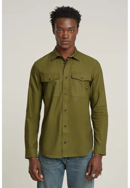 Вталена памучна риза с пришити джобове - Маслинено зелено