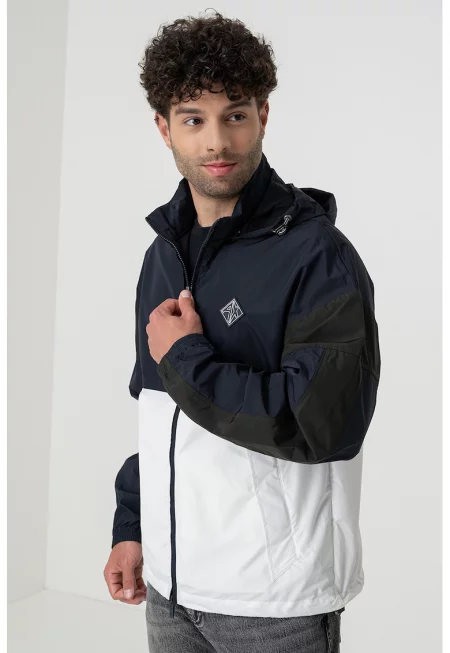 Яке с цип и качулка - Тъмнозелен/Ултрамарин синьо/Бял