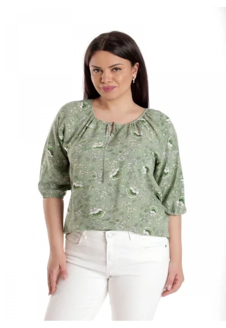 888142602-Bluza Dama - IE - Verde cu imprimeu floral si maneca 3 sferturi
