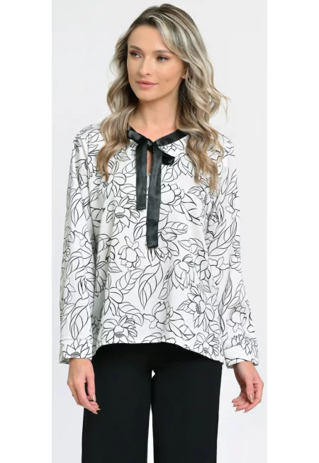 888144263-Дамска блуза с тънка панделка - Черно-бяла с принт
