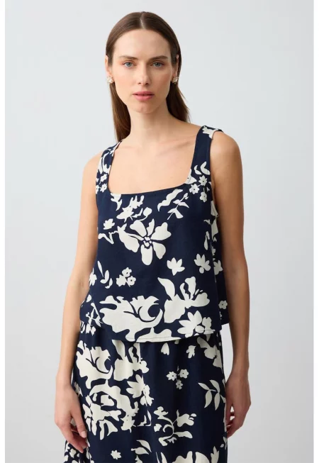 Блуза с принт и квадратно деколте - Черен/Мръснобял