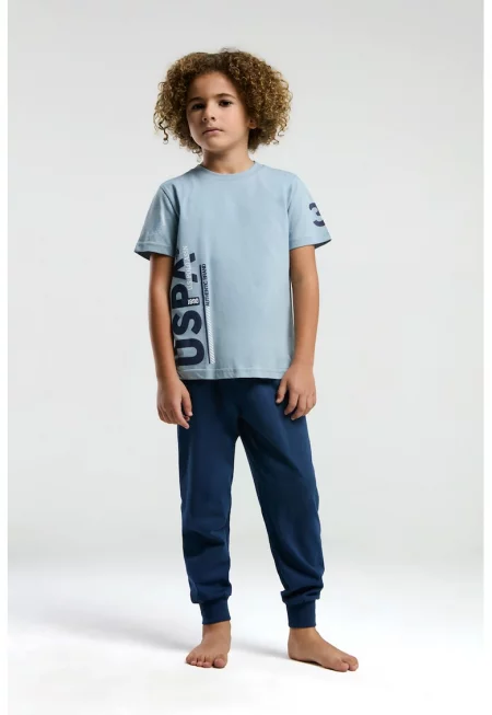 Дълга памучна пижама с лого - Лавандула/Тъмносин