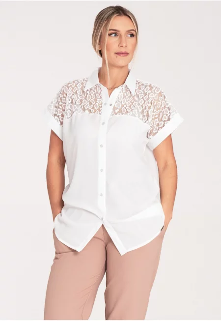 Дамска риза  ажурна - къс ръкав - дантела - екрю - полиестер