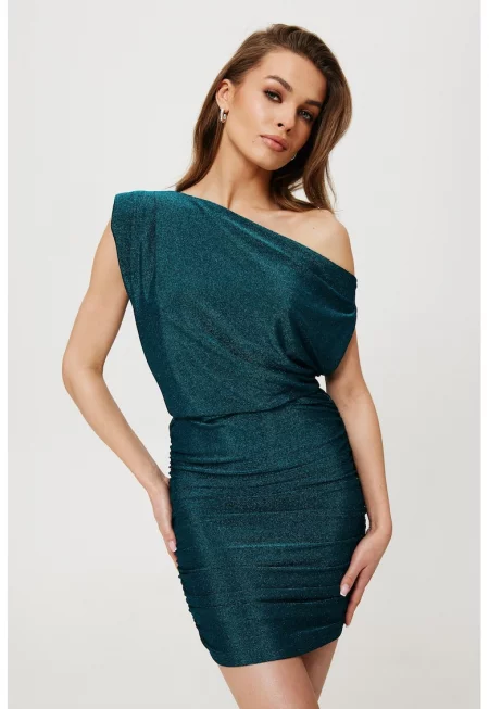 Дамска рокля - металик мини с волани в долната част - Полиестер - Син - М