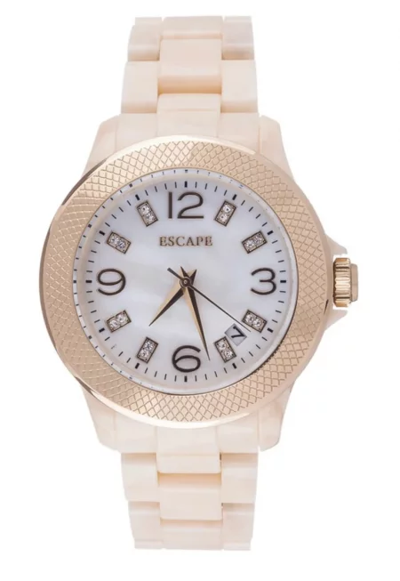 Дамски часовник  40 мм - бежова пластмасова каишка - златист корпус - бял циферблат - водоустойчивост 5 ATM