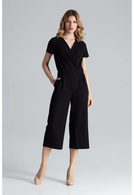 Дамски гащеризон -  черен - с широки панталони и къси ръкави - изработен от полиестер и вискоза