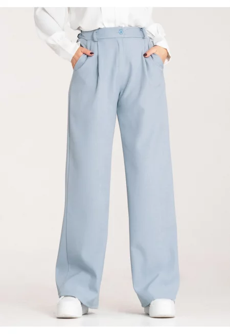 Дамски панталон -  висока талия - широка кройка - син - полиестер-еластан - SM
