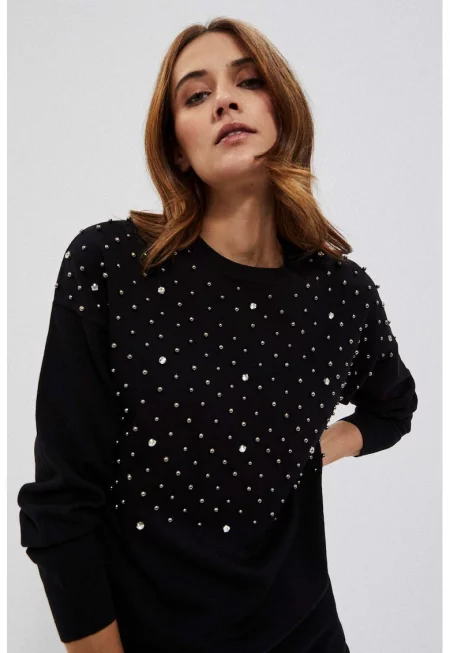 Дамски пуловер  черен с декоративни перли -