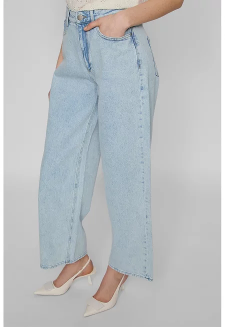 Дънки с широк крачол и захабен ефект - Пастелносин