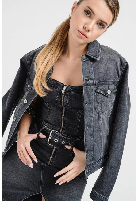 Дънково яке с джобове с капаче на гърдите - Избеляло черно