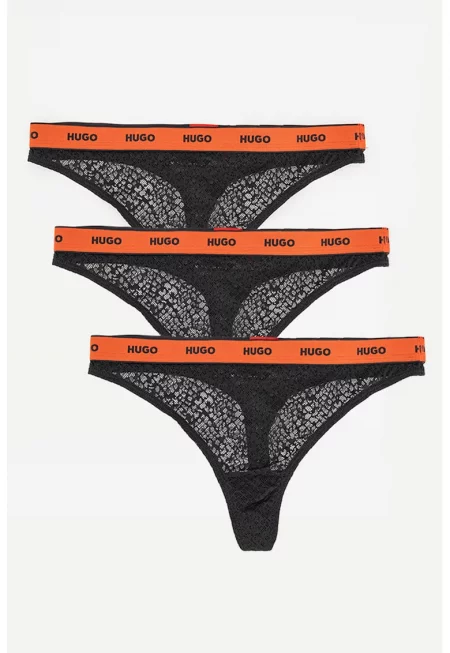 Дантелена танга с лого на талията - 3 чифта - Черен/Аленочервен