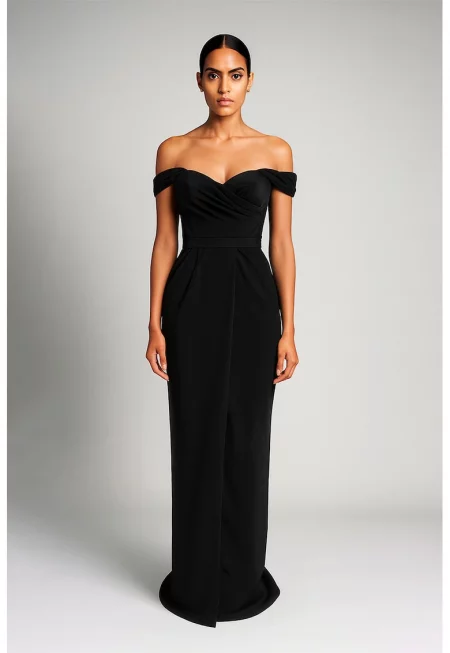 Драпирана рокля с голо рамо - Черен