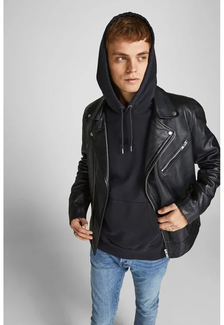 Худи с органичен памук с джоб кенгуру - Тъмносин