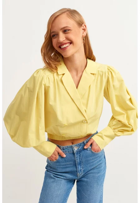 Къса блуза Popbuzgom с бухнали ръкави - Сламеножълт -