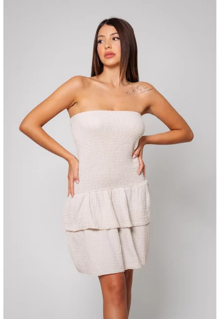 Къса рокля с памук и лен - Бежов